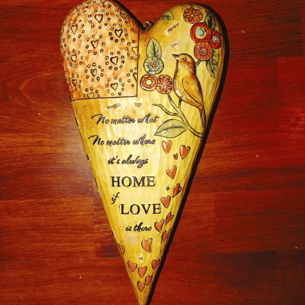 Primitive Country Wooden Carved Heart with metal hanger